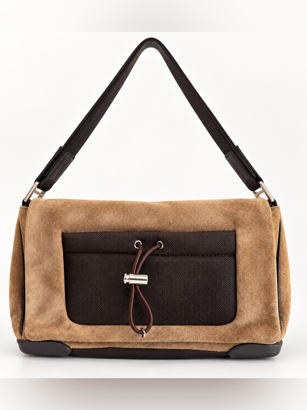 Vintage Prada Sport Brown Suede & Nylon Shoulder Bag with Authenticity Card